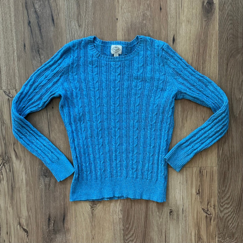 St Johns‎ Bay Womens Cable Knit Sweater Turquoise Blue Crew Neck Cotton Blend L